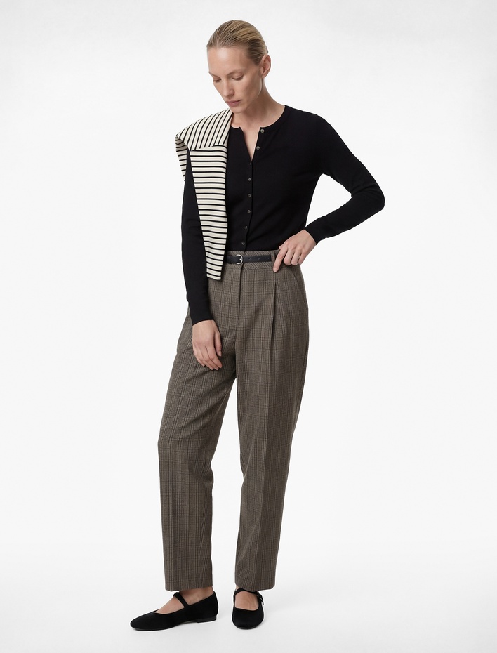  Kemer Detaylı Cepli Yüksek Bel Ekoseli Cigarette Pantolon