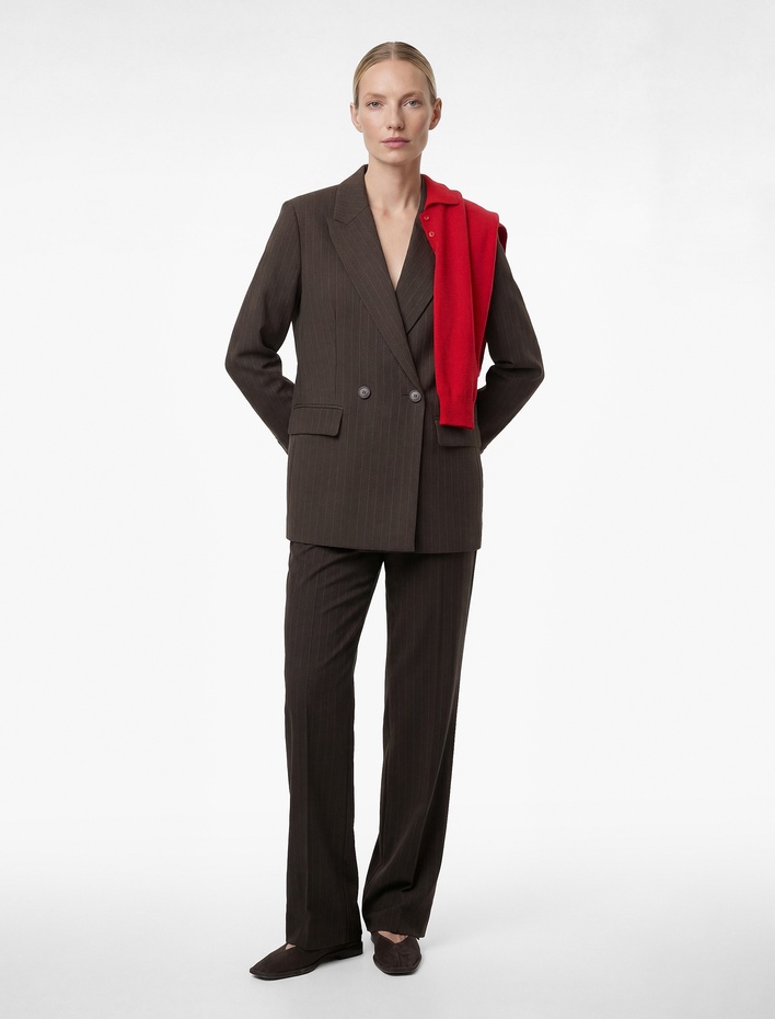  Düğmeli Cepli Uzun Kollu Viskon Karışımlı Kruvaze Yaka Blazer Ceket