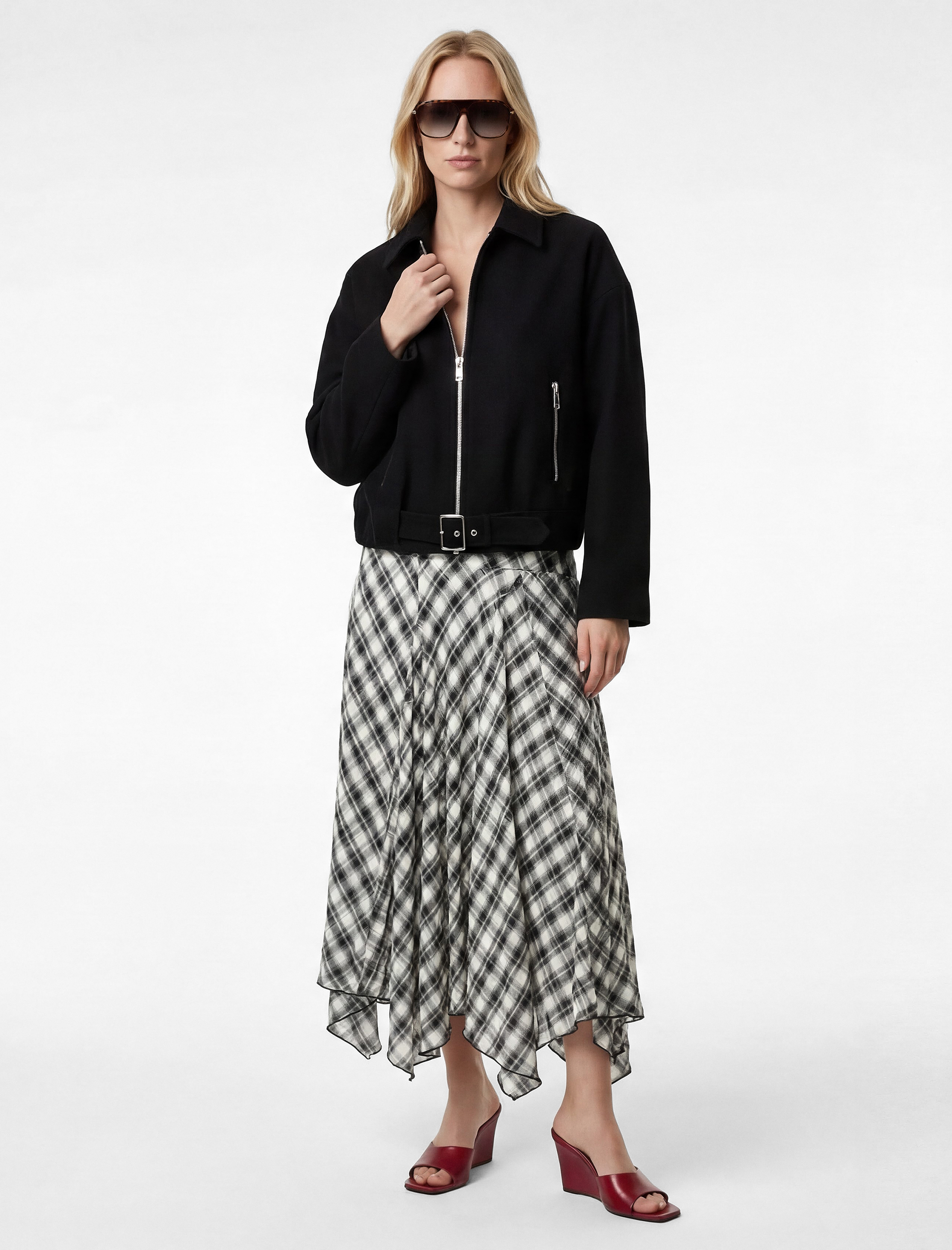   Bol Kalıp Asimetrik Kesim Ekose Midi Etek