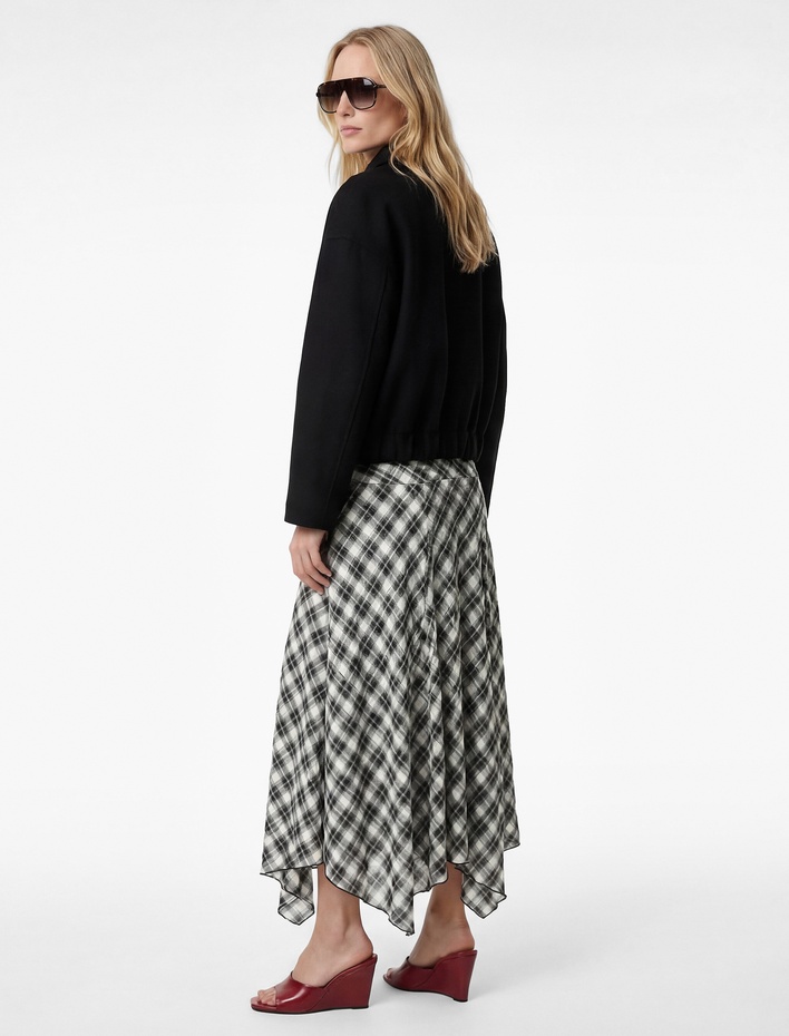  Bol Kalıp Asimetrik Kesim Ekose Midi Etek