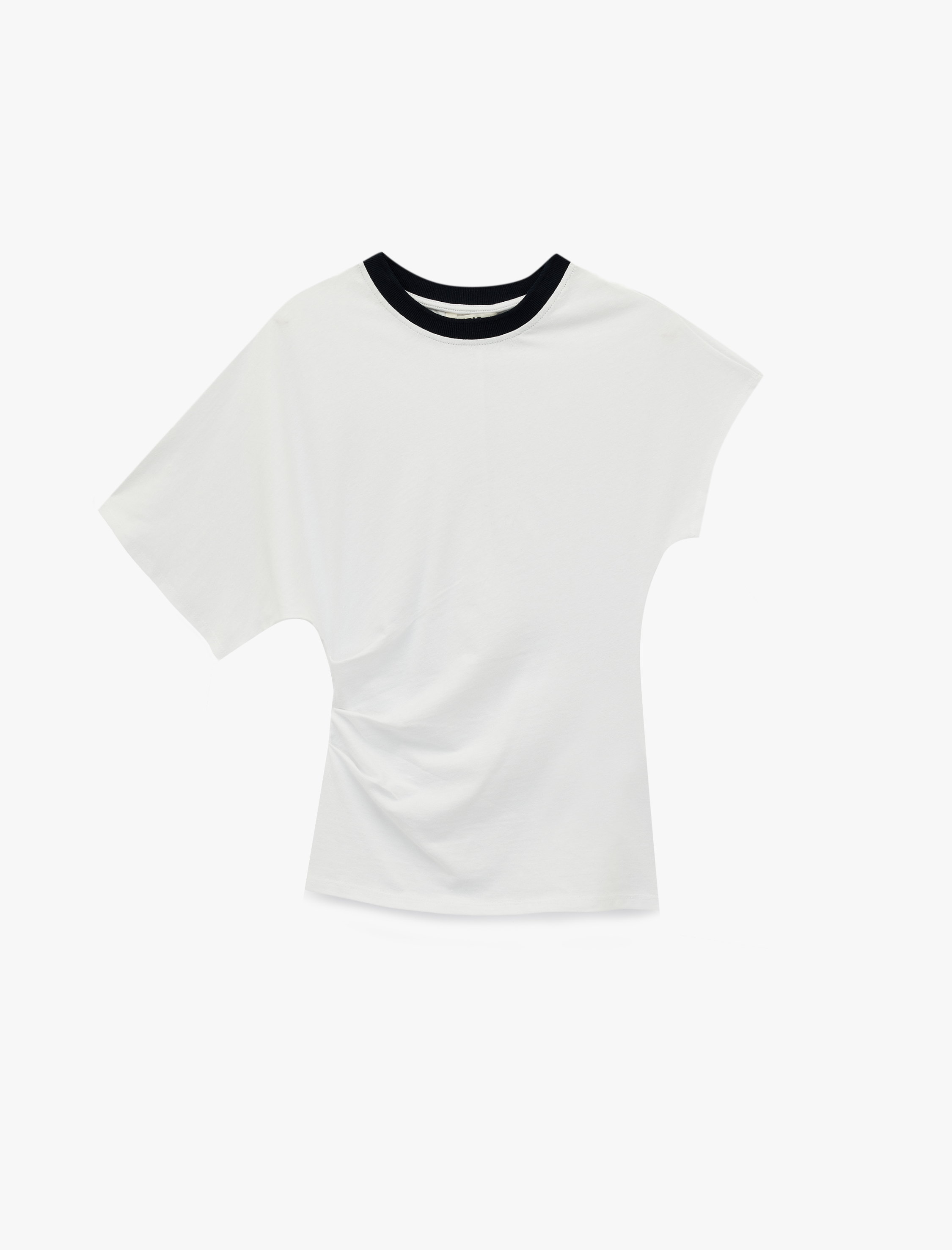   Keten Karışımlı Slim Fit Bisiklet Yaka Asimetrik Kısa Kol Detaylı Tişört