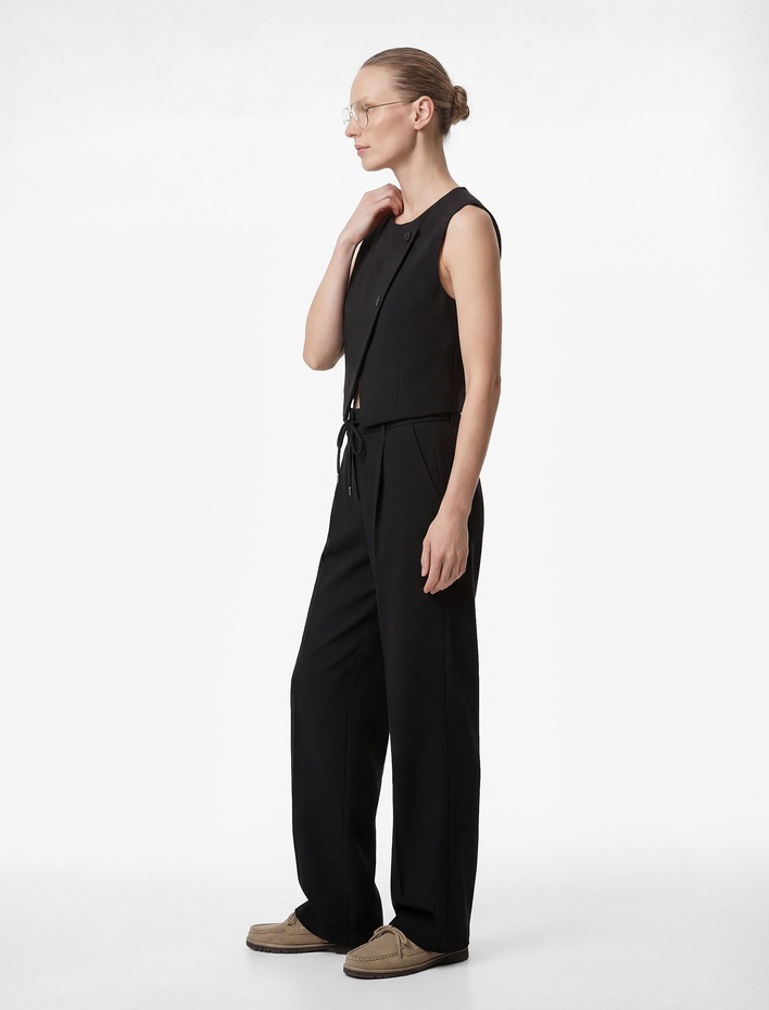  Beli Bağcıklı Pile Detaylı Cepli Geniş Paça Palazzo Pantolon