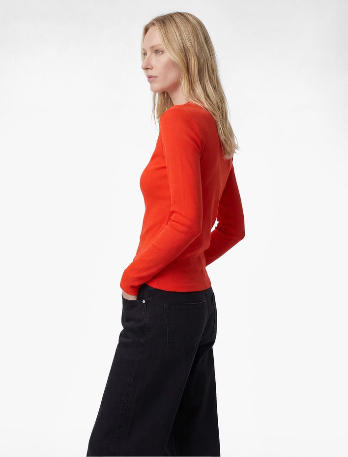  Pamuklu Slim Fit İşleme Detaylı Uzun Kollu Bisiklet Yaka Fitilli Tişört