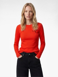 Pamuklu Slim Fit İşleme Detaylı Uzun Kollu Bisiklet Yaka Fitilli Tişört