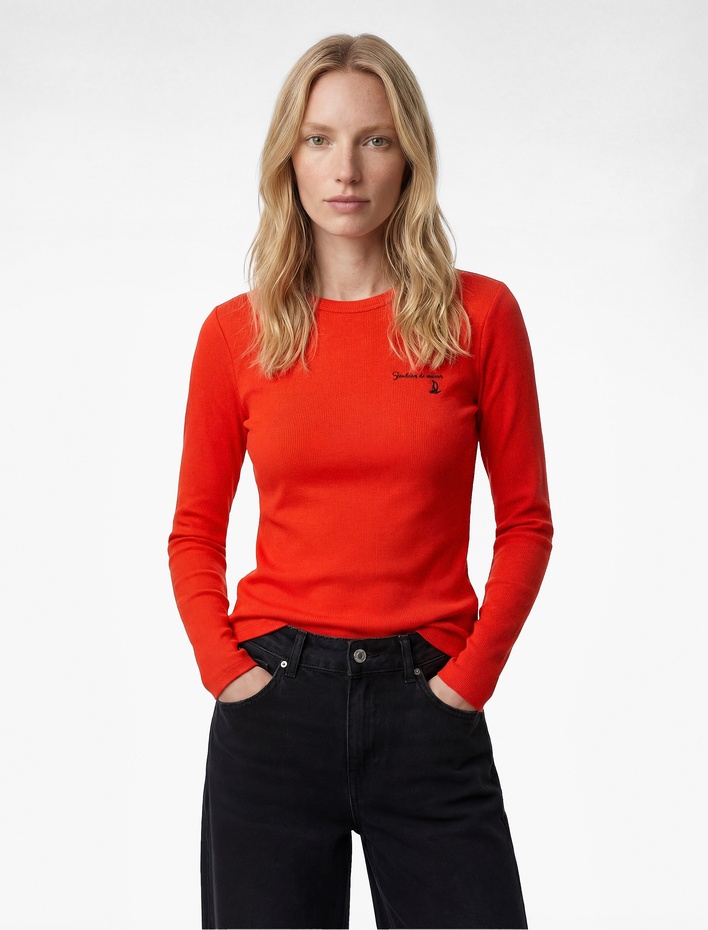  Pamuklu Slim Fit İşleme Detaylı Uzun Kollu Bisiklet Yaka Fitilli Tişört