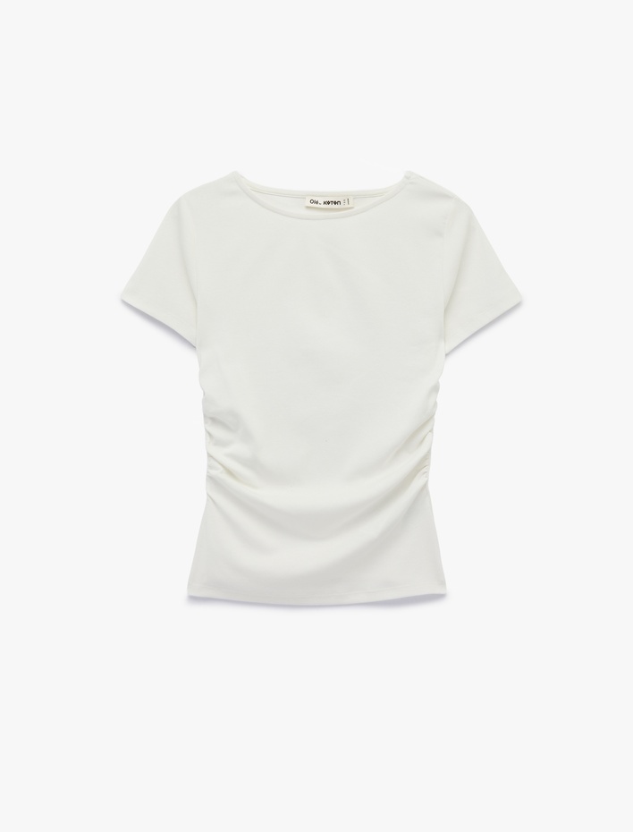  Slim Fit Drapeli Kısa Kollu Kayık Yaka Tişört