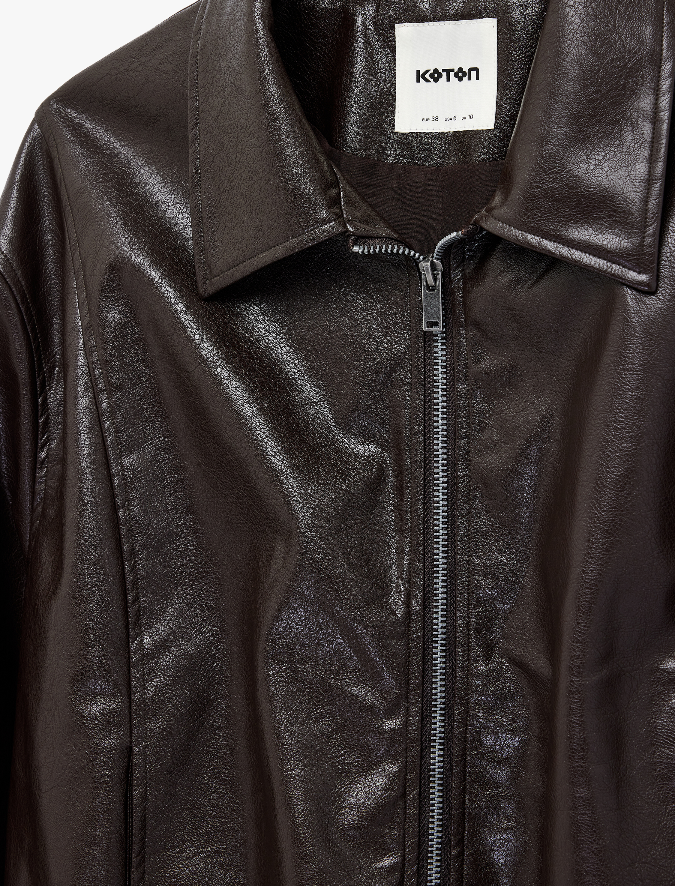   Uzun Kollu Cepli Fermuarlı Suni Deri Ceket