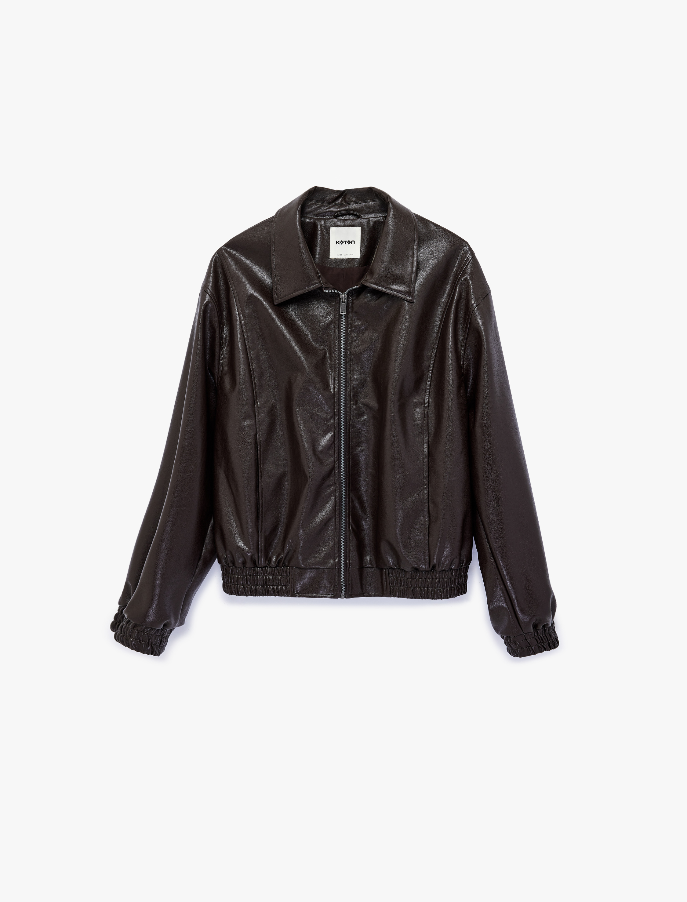   Uzun Kollu Cepli Fermuarlı Suni Deri Ceket