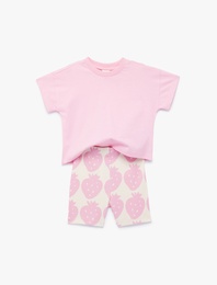 Pamuklu Kısa Kollu Bisiklet Yaka Desenli Düşük Bel Tişört Şort Takım - 2'li Set