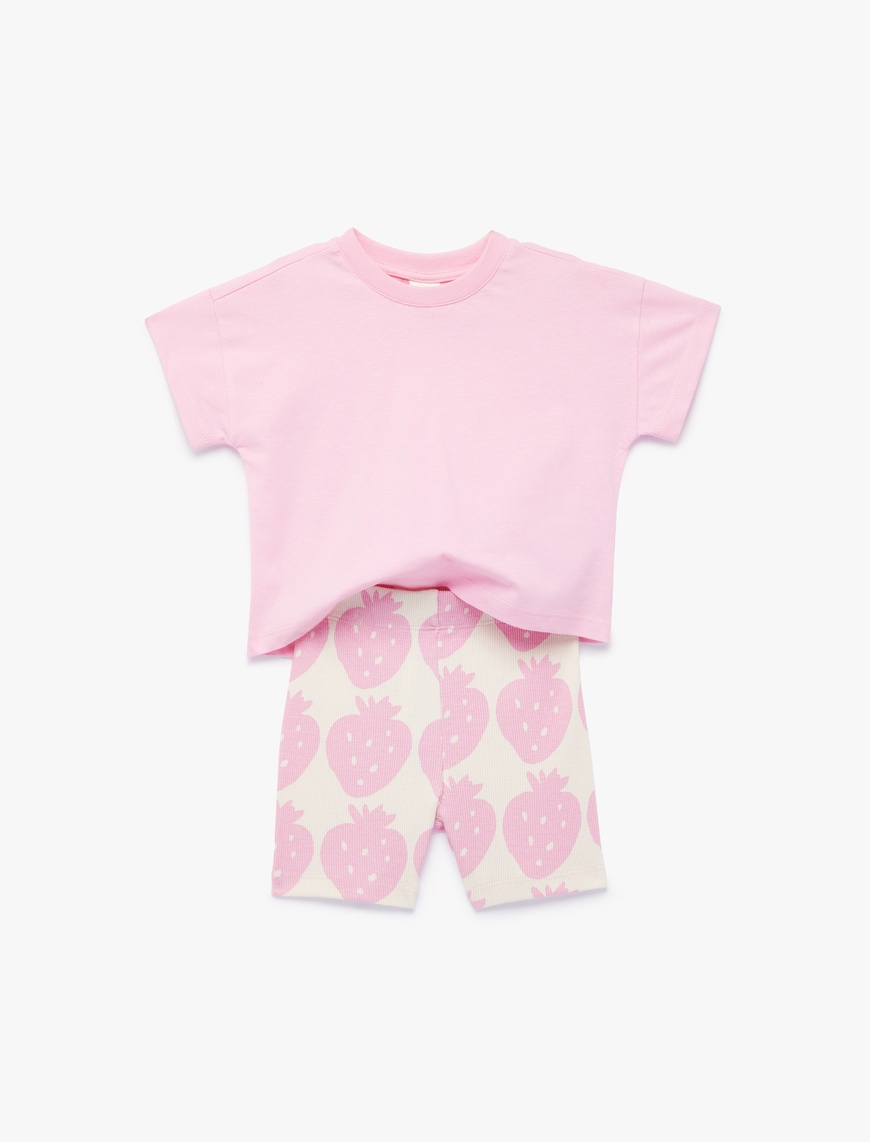Koton Kız Bebek Pamuklu Kısa Kollu Bisiklet Yaka Desenli Düşük Bel T-Shirt Şort Takım – 2’li Set