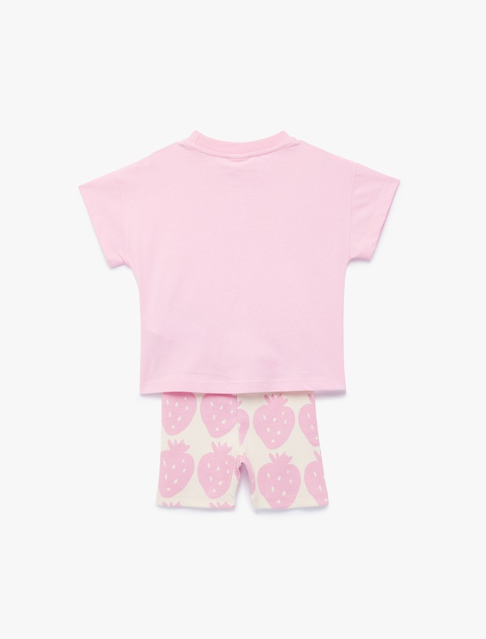 Kız Bebek Pamuklu Kısa Kollu Bisiklet Yaka Desenli Düşük Bel Tişört Şort Takım - 2'li Set