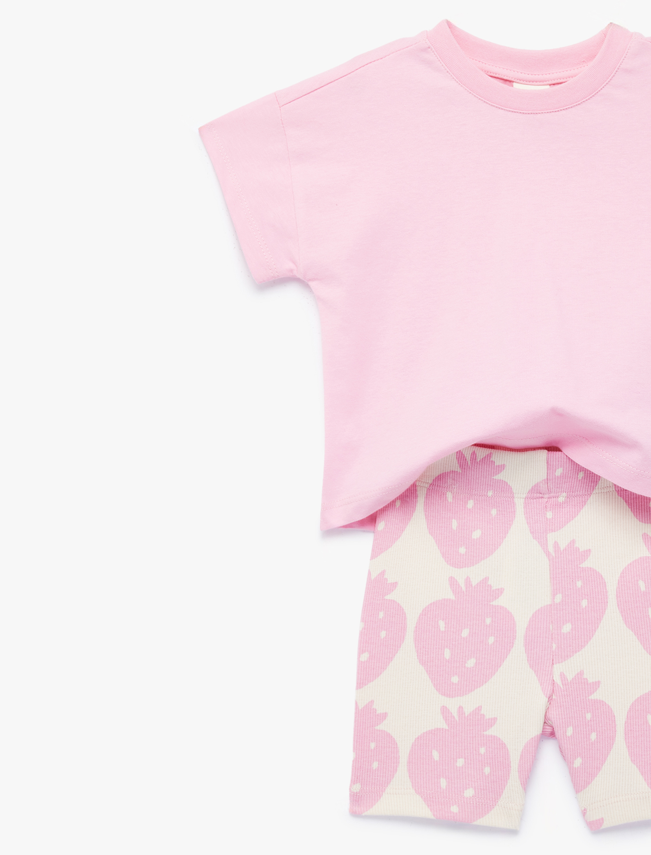  Kız Bebek Pamuklu Kısa Kollu Bisiklet Yaka Desenli Düşük Bel Tişört Şort Takım - 2'li Set