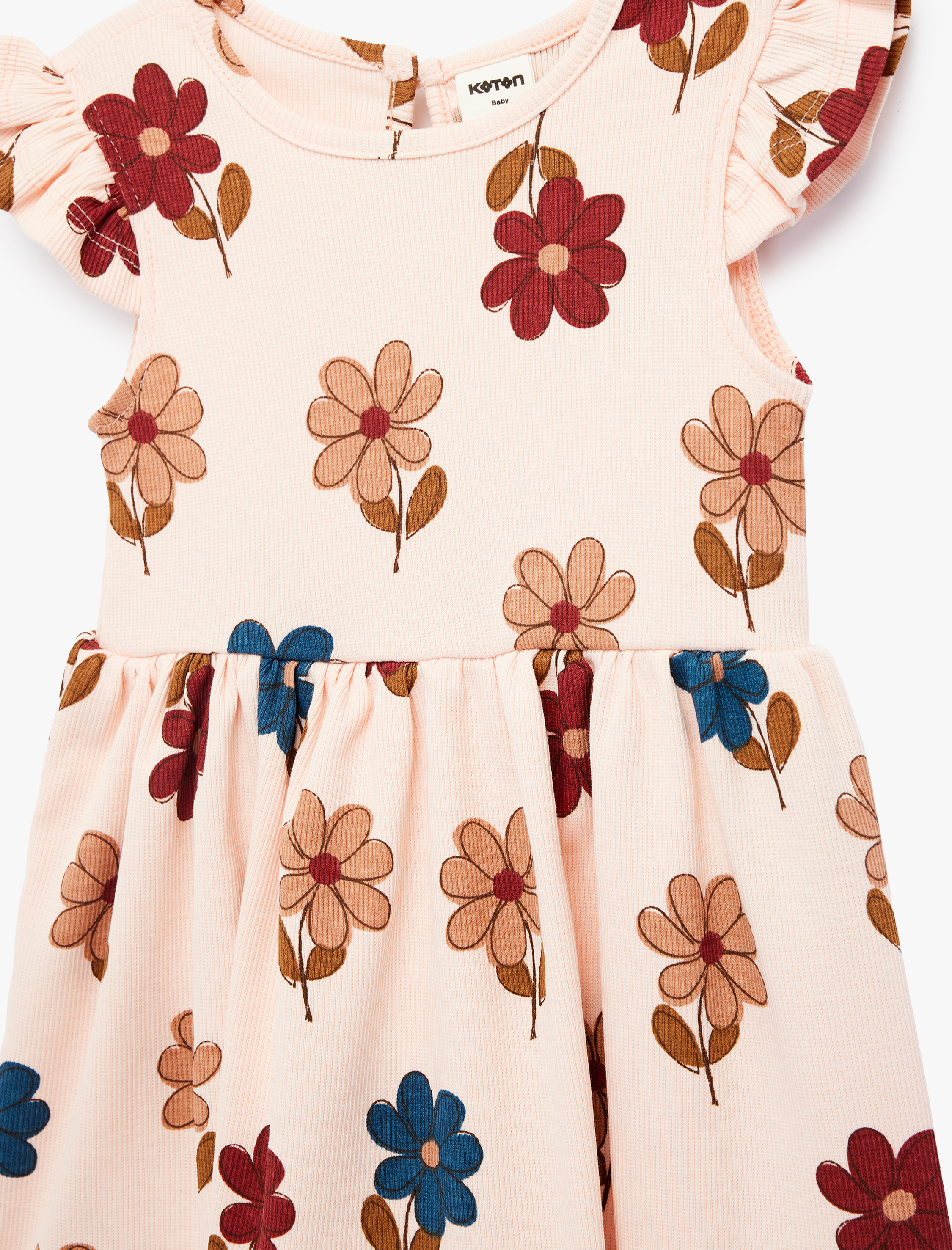  Kız Bebek Bisiklet Yaka Pamuklu A Form Fırfır Detaylı Kolsuz Çiçek Desenli Elbise
