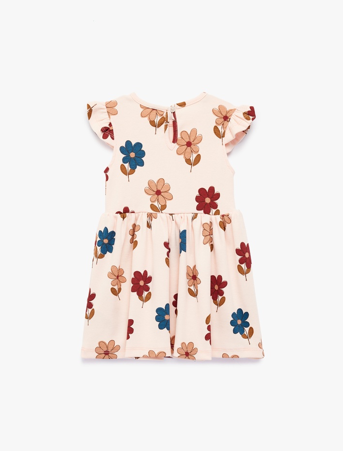 Kız Bebek Bisiklet Yaka Pamuklu A Form Fırfır Detaylı Kolsuz Çiçek Desenli Elbise