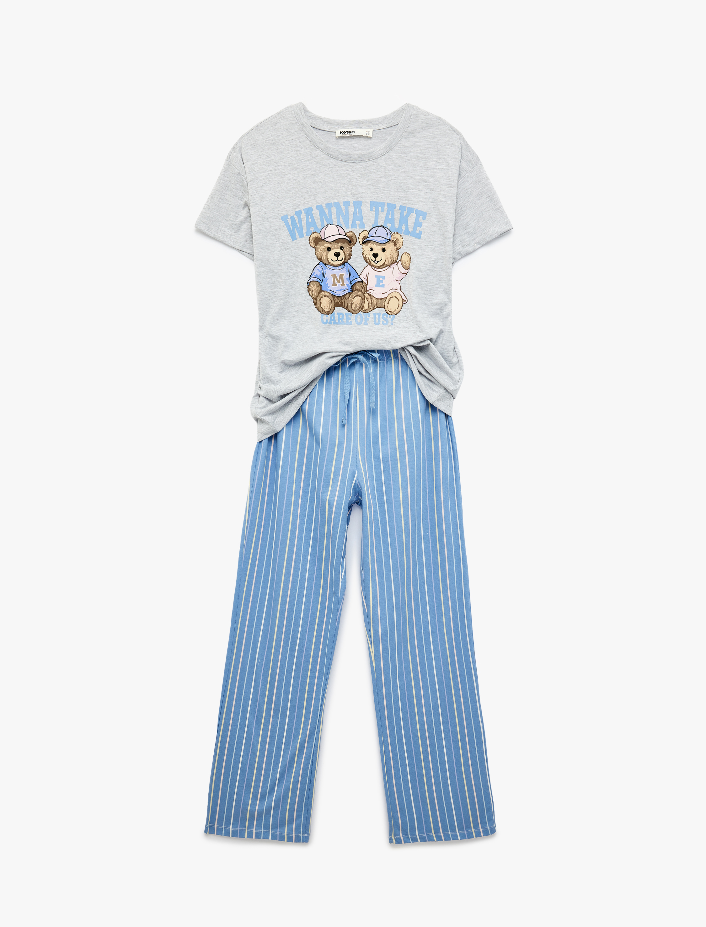   Rahat Kalıp Kısa Kollu Bisiklet Yaka Çizgili Ayıcık Baskılı Pijama Takımı