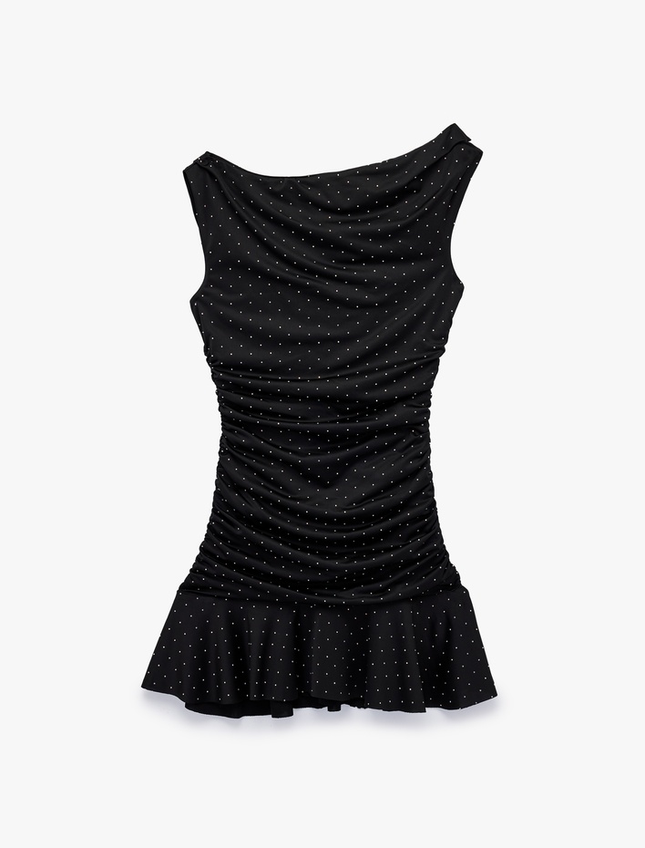  Kayık Yaka Kolsuz Bodycon Drapeli Taşlı Mini Abiye Elbise