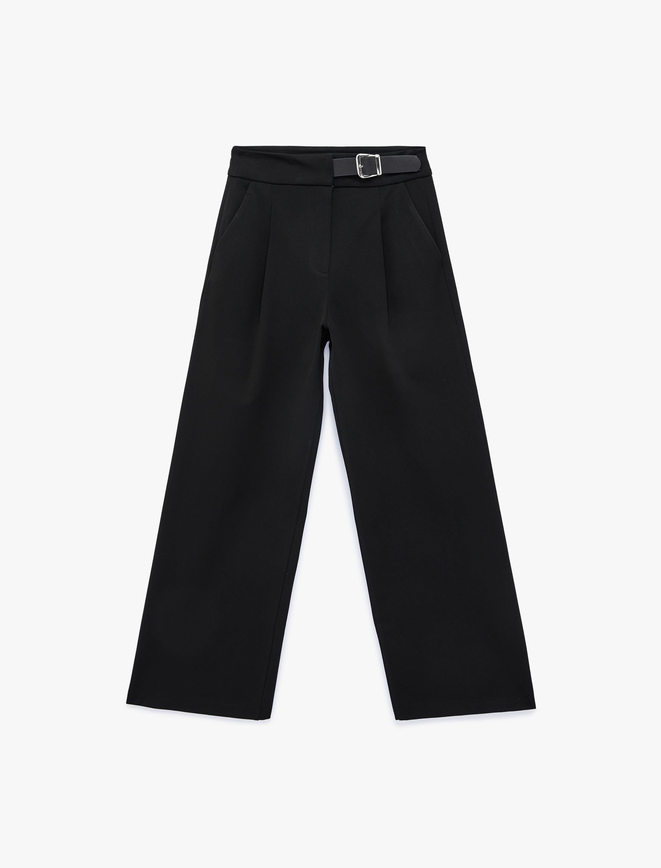   Cepli Yarım Kemer Detaylı Uzun Düz Geniş Paça Kumaş Pantolon