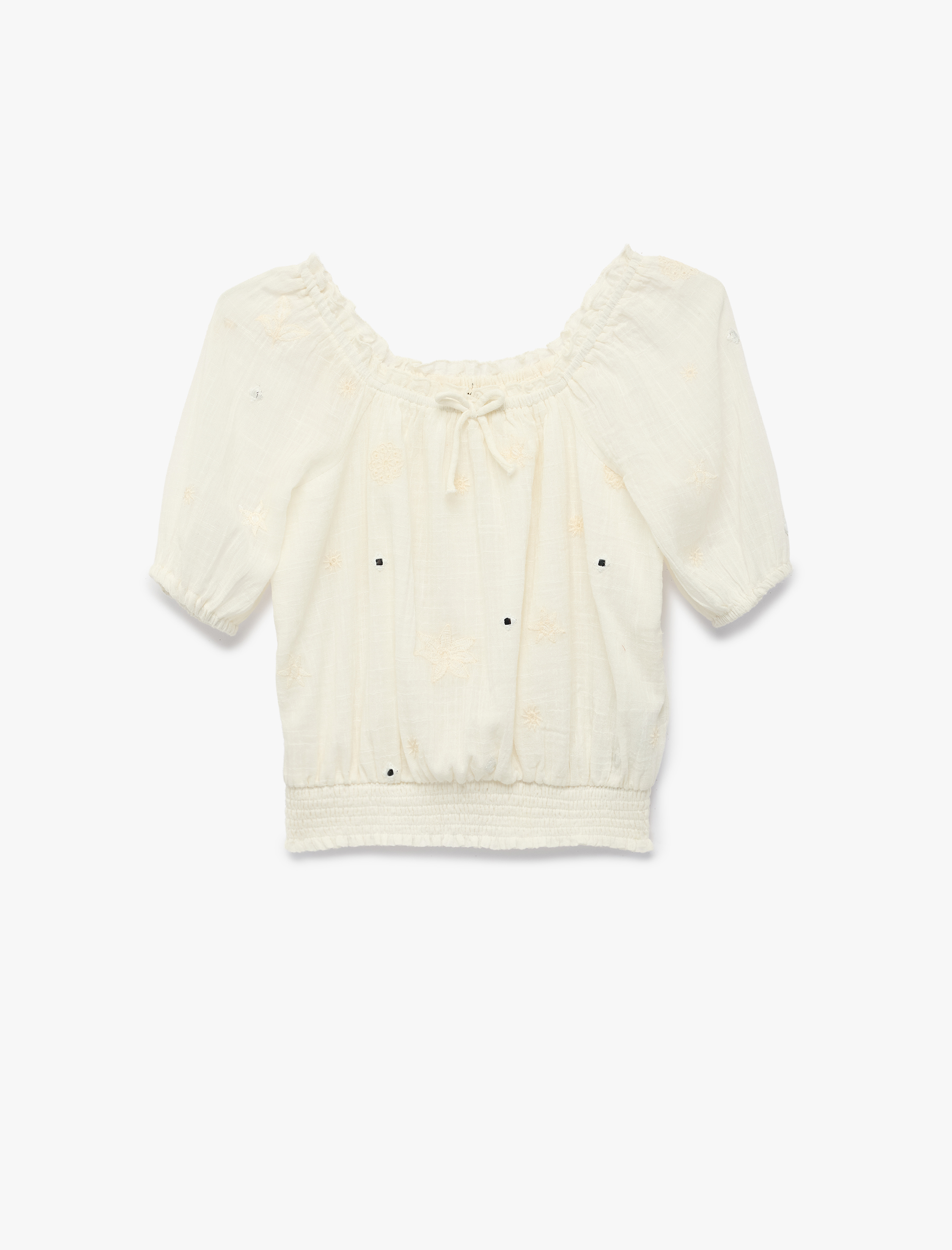  Kız Çocuk Pamuklu Gipeli Kare Yaka Fiyonklu Balon Kollu Bluz