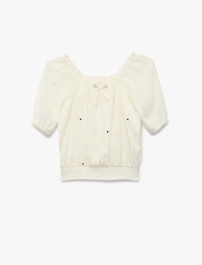 Kız Çocuk Pamuklu Gipeli Kare Yaka Fiyonklu Balon Kollu Bluz