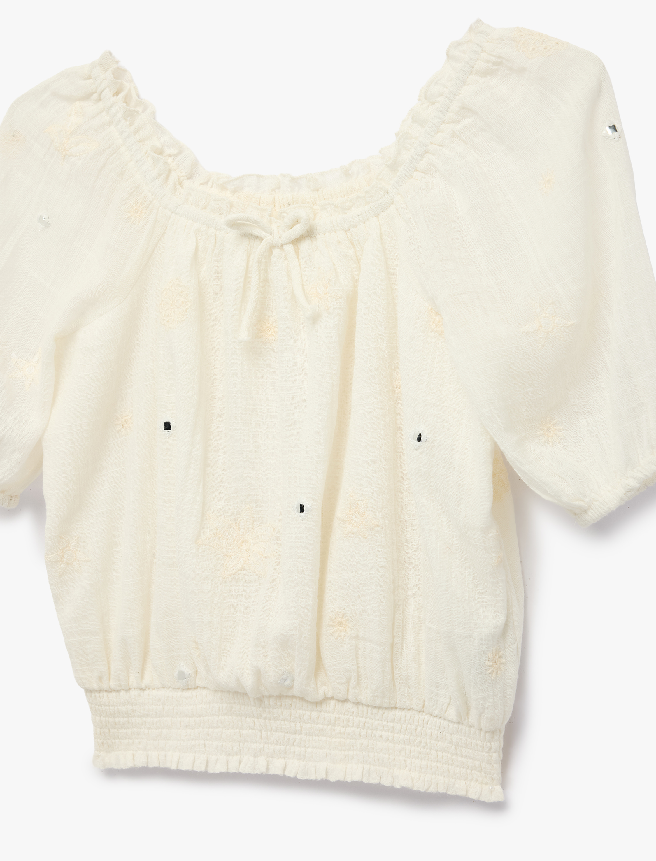  Kız Çocuk Pamuklu Gipeli Kare Yaka Fiyonklu Balon Kollu Bluz