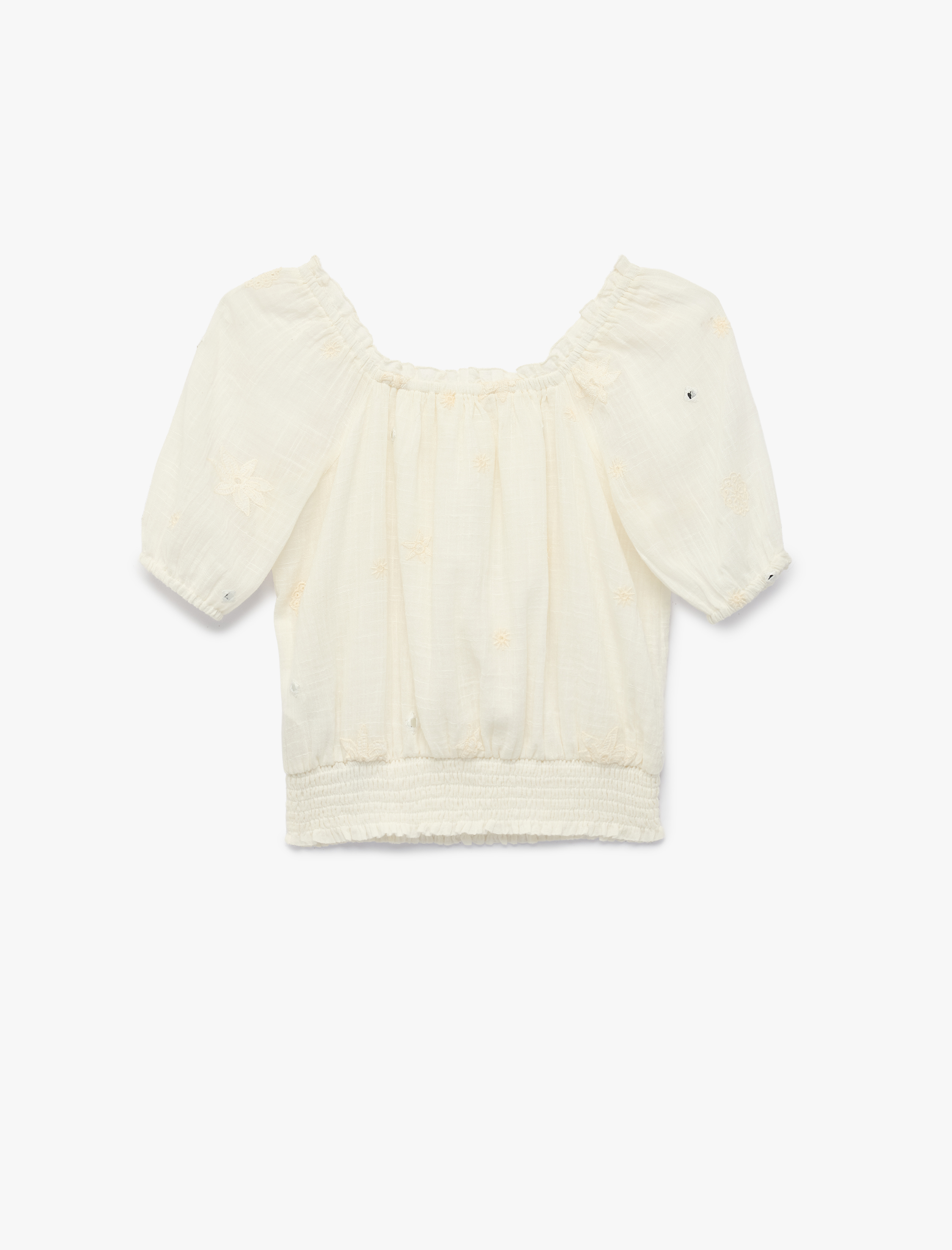  Kız Çocuk Pamuklu Gipeli Kare Yaka Fiyonklu Balon Kollu Bluz