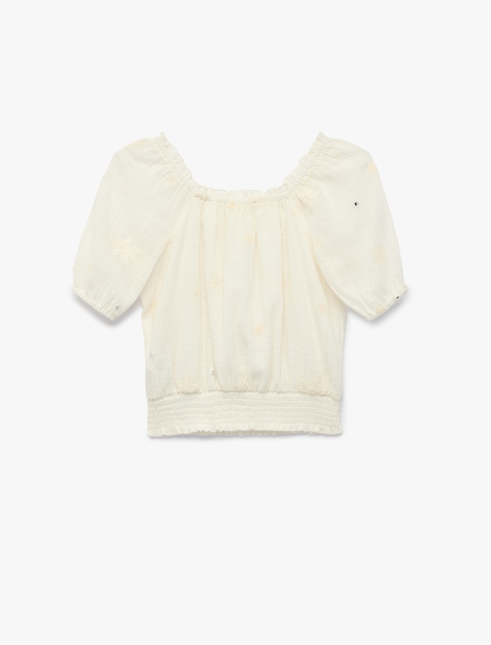 Kız Çocuk Pamuklu Gipeli Kare Yaka Fiyonklu Balon Kollu Bluz