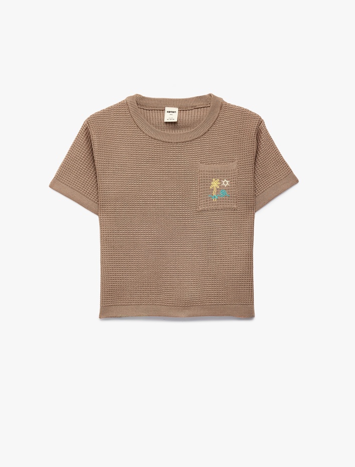 Erkek Bebek Kısa Kollu Bisiklet Yaka Viskon Cep Detaylı Nakışlı Triko Kazak