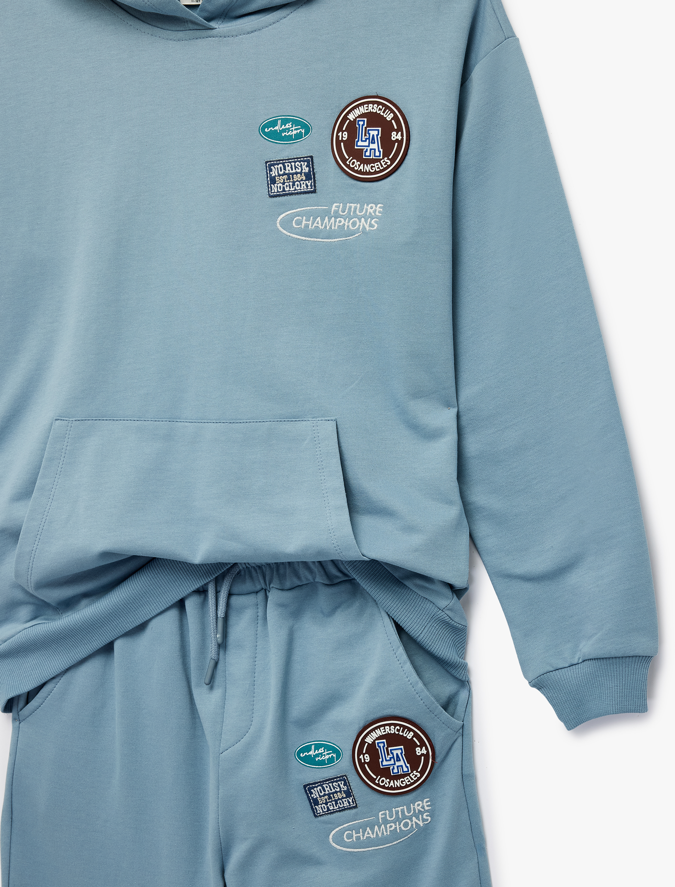  Erkek Çocuk Uzun Kollu Kapşonlu Kanguru Cepli Pamuklu Şardonlu Beli Bağcıklı Baskılı Oversize Eşofman Takımı