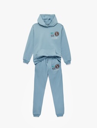 Uzun Kollu Kapşonlu Kanguru Cepli Pamuklu Şardonlu Beli Bağcıklı Baskılı Oversize Eşofman Takımı