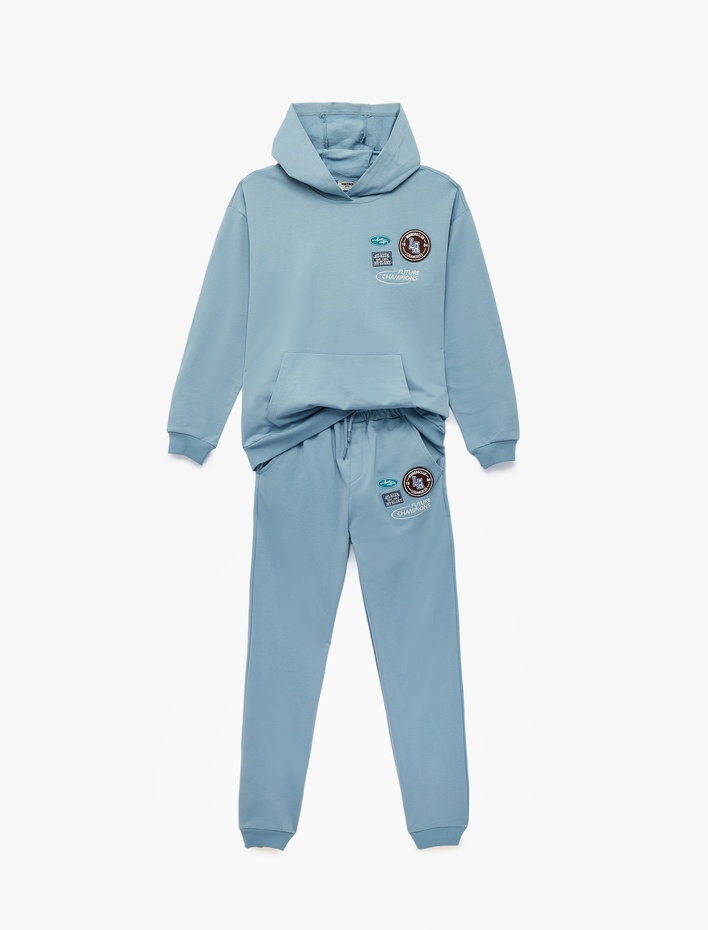 Erkek Çocuk Uzun Kollu Kapşonlu Kanguru Cepli Pamuklu Şardonlu Beli Bağcıklı Baskılı Oversize Eşofman Takımı