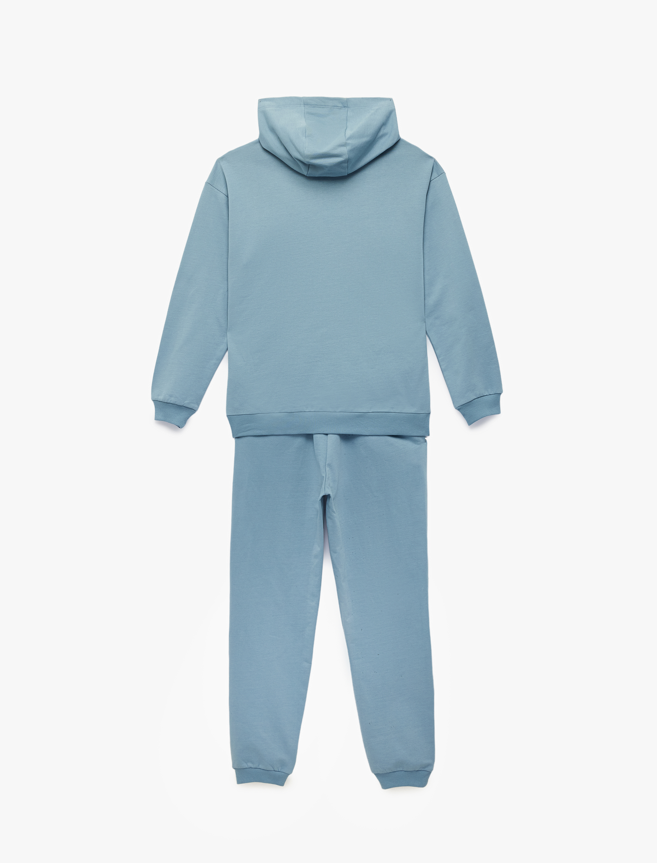  Erkek Çocuk Uzun Kollu Kapşonlu Kanguru Cepli Pamuklu Şardonlu Beli Bağcıklı Baskılı Oversize Eşofman Takımı