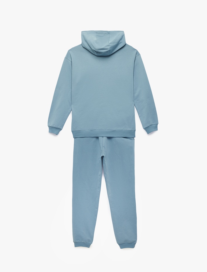 Erkek Çocuk Uzun Kollu Kapşonlu Kanguru Cepli Pamuklu Şardonlu Beli Bağcıklı Baskılı Oversize Eşofman Takımı