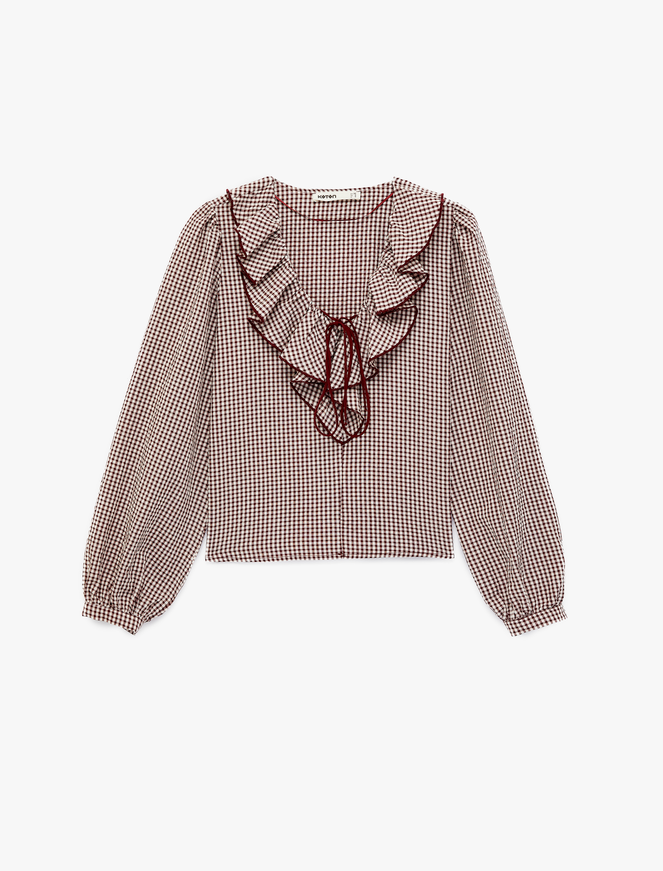   Pamuklu Uzun Balon Kollu Bağlama Detaylı Fırfırlı V Bebe Yaka Pötikareli Bluz