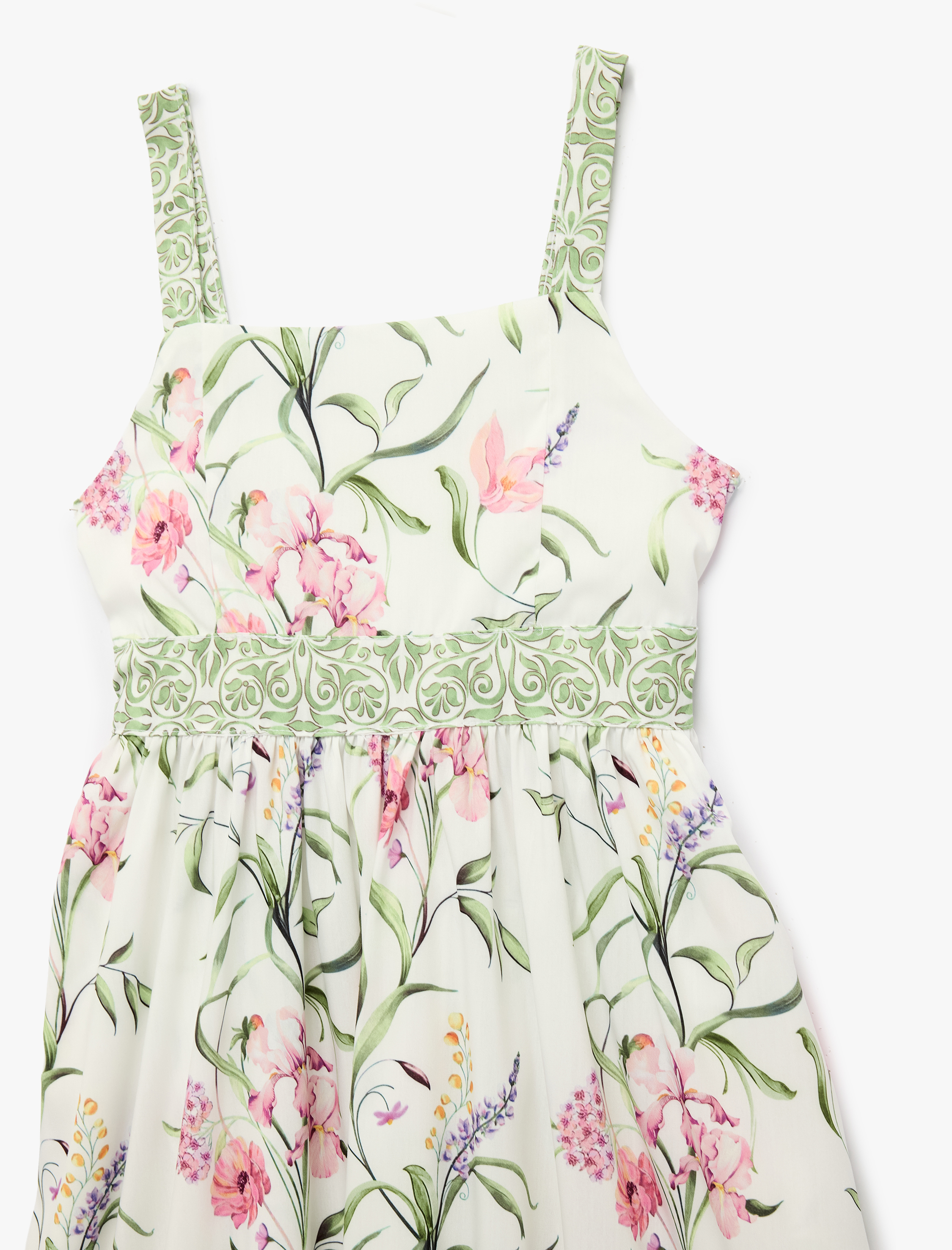  Kız Çocuk Askılı Bağlama Detaylı Kare Yaka Kloş Çiçekli Elbise