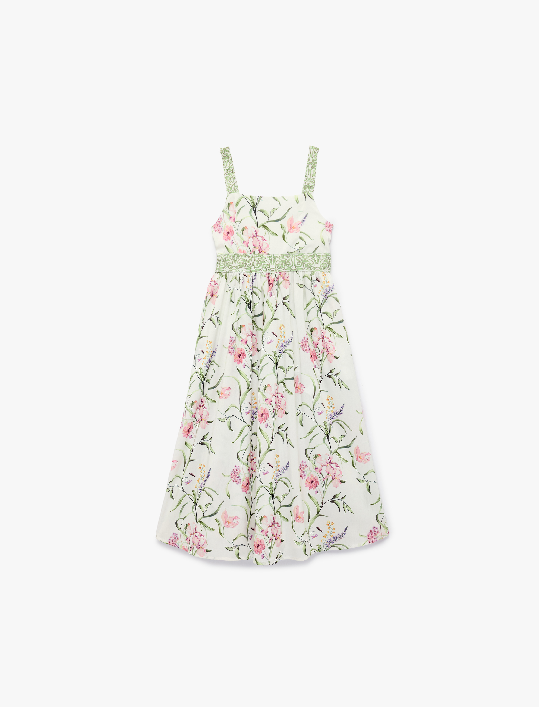  Kız Çocuk Askılı Bağlama Detaylı Kare Yaka Kloş Çiçekli Elbise