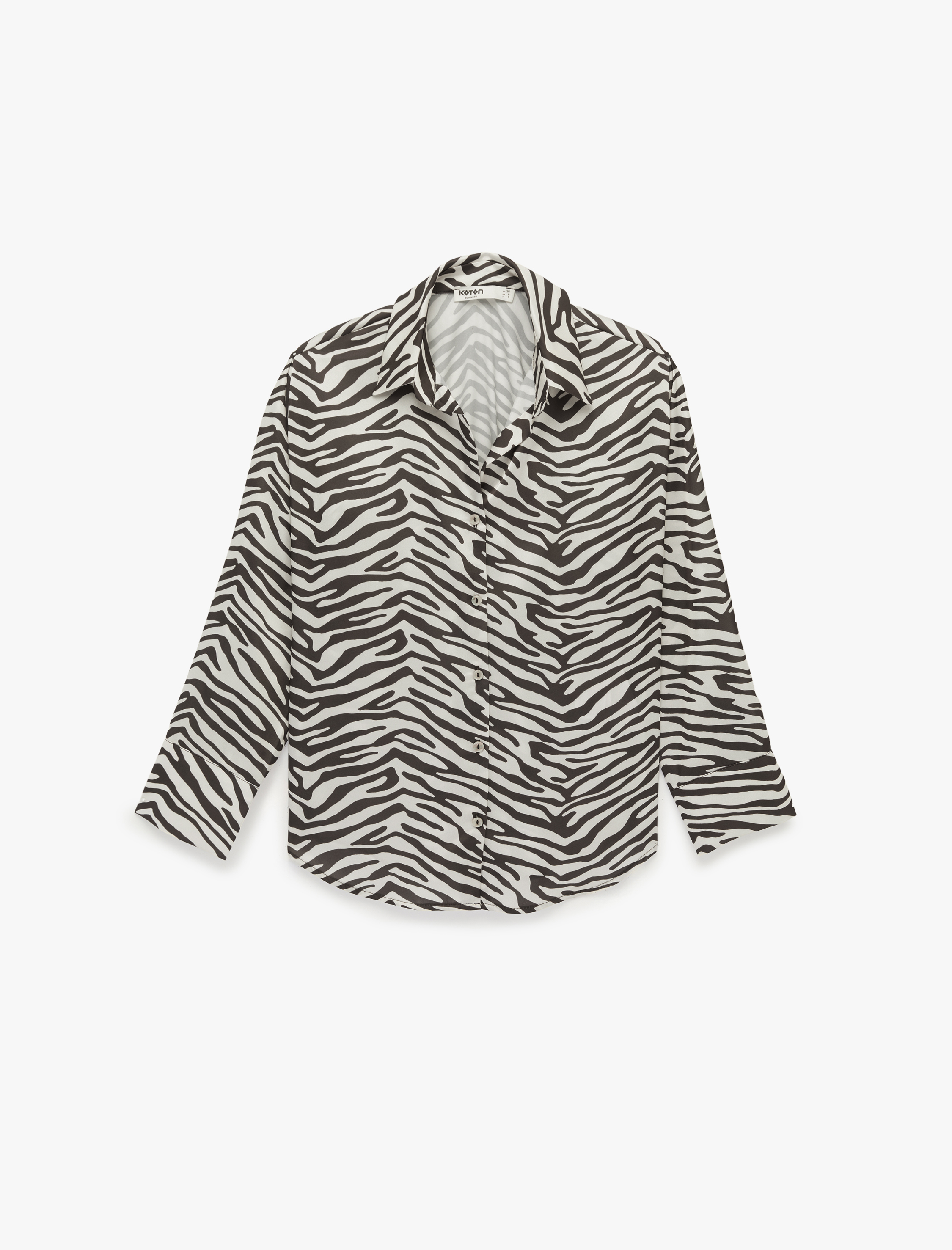  Uzun Kollu Düğmeli Zebra Desenli Klasik Yaka Saten Gömlek