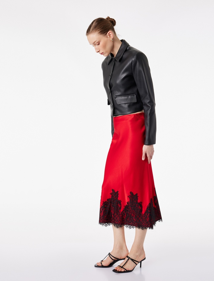  Dantel Detaylı Midi Saten Etek