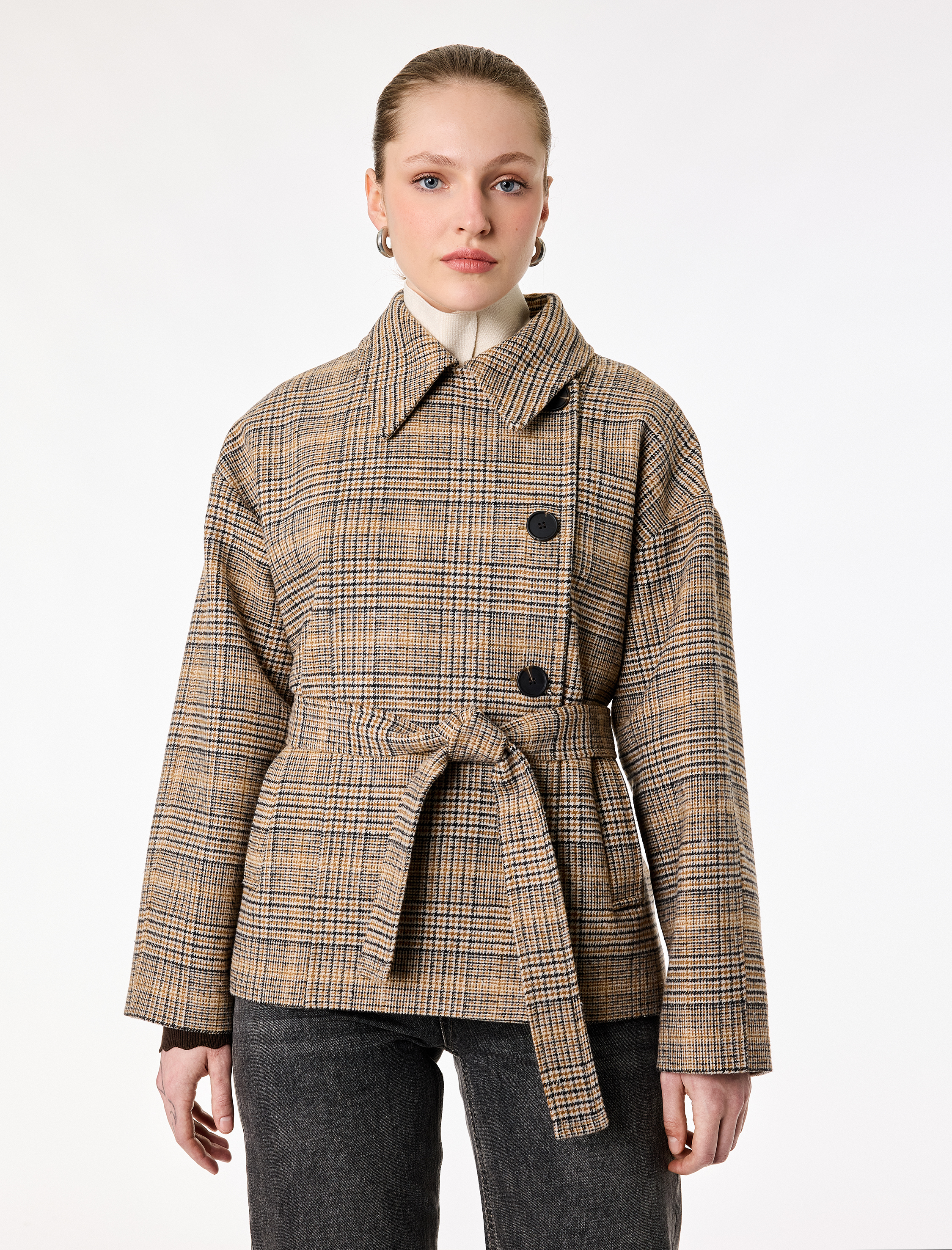   Uzun Kollu Düğmeli Kruvaze Kemerli Ekose Kaşe Kaban