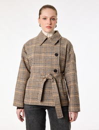 Uzun Kollu Düğmeli Kruvaze Kemerli Ekose Kaşe Kaban