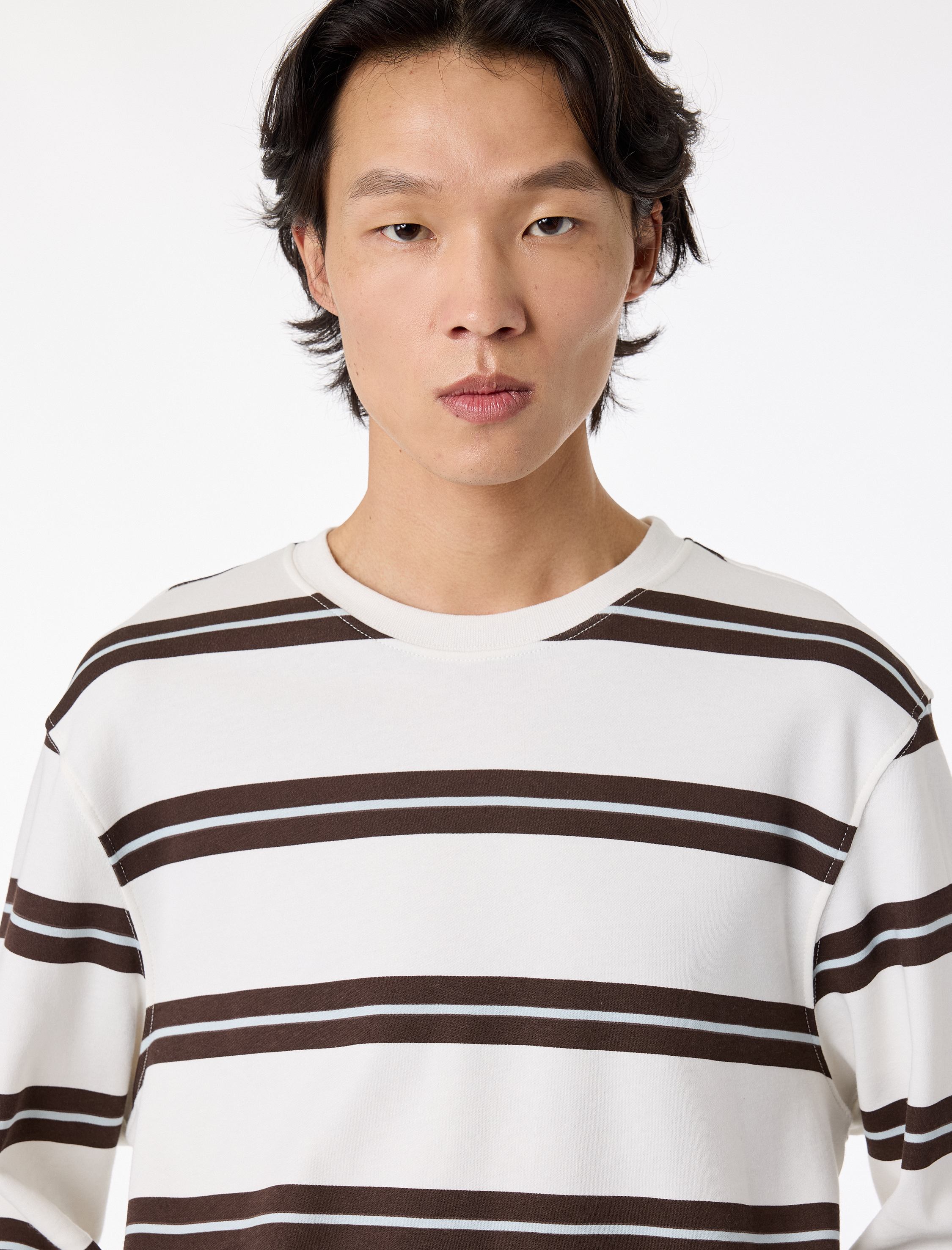   Regular Fit Uzun Kollu Bisiklet Yaka Pamuklu Çizgili Tişört