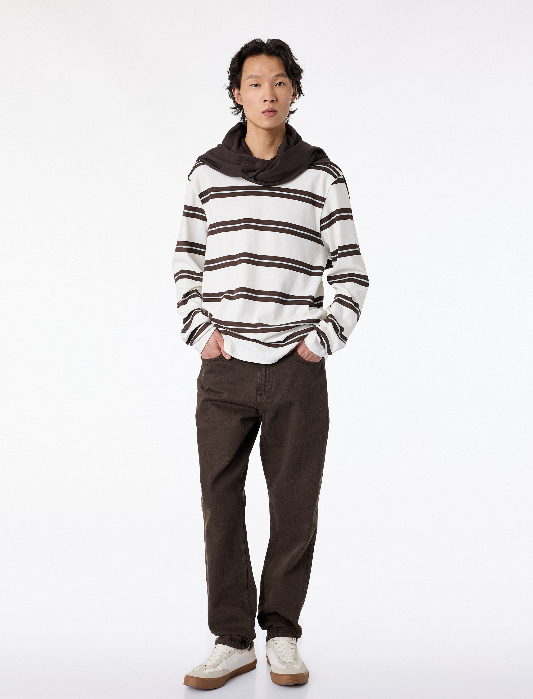   Regular Fit Uzun Kollu Bisiklet Yaka Pamuklu Çizgili Tişört