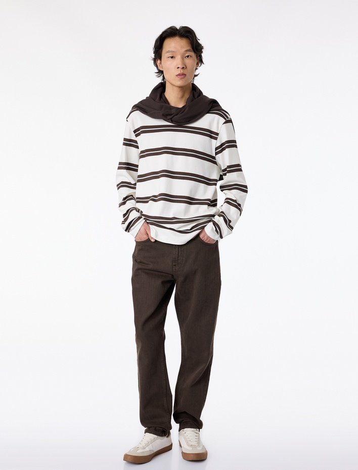  Regular Fit Uzun Kollu Bisiklet Yaka Pamuklu Çizgili Tişört