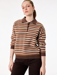 Uzun Kollu Yarım Düğme Detaylı Polo Yaka Çizgili Triko Kazak
