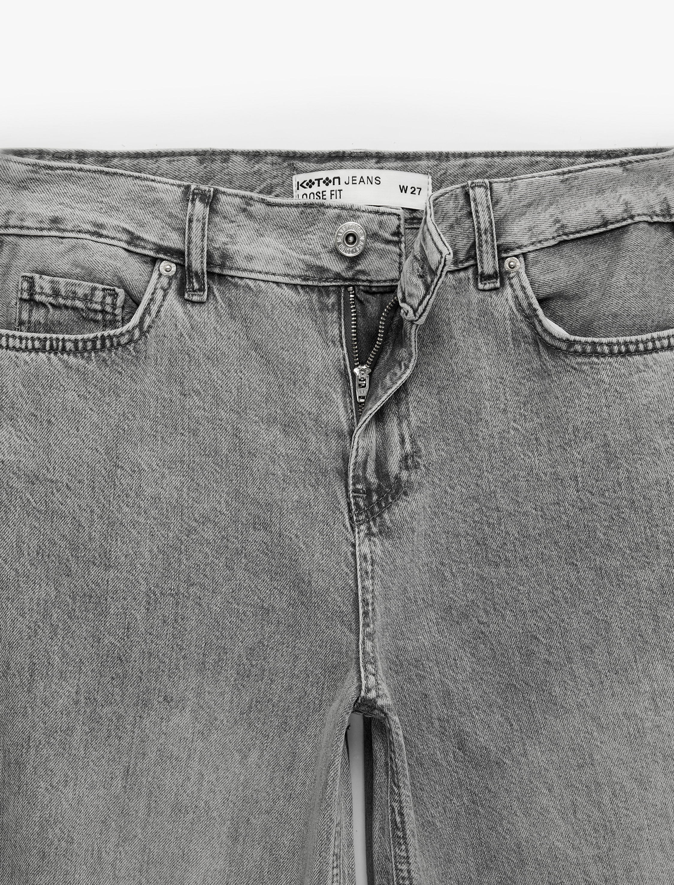   Bol Kalıp Geniş Paça Düğmeli Cepli Yıkamalı Denim Pantolon - Loose Straight Fit Jean