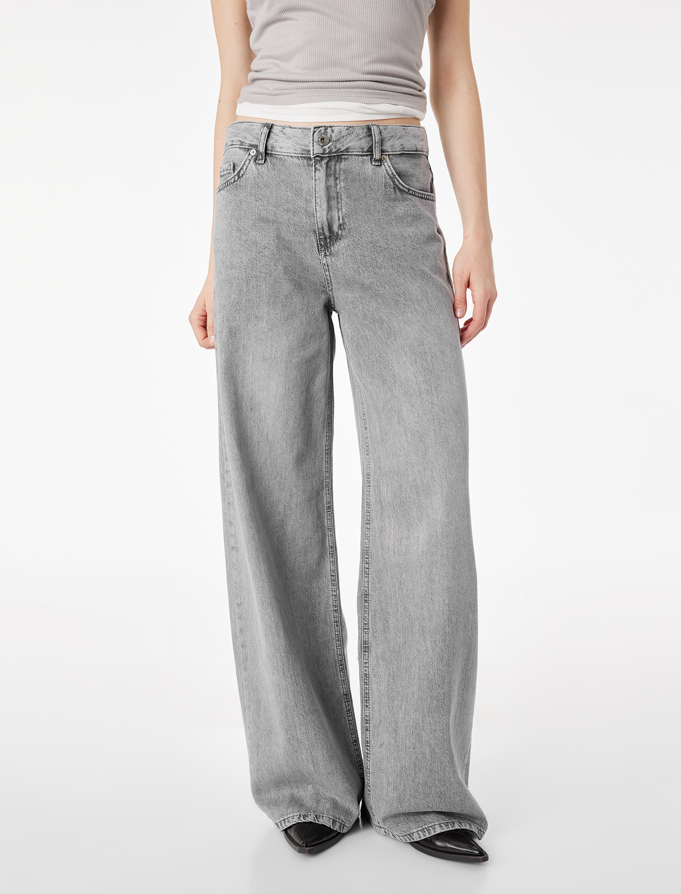   Bol Kalıp Geniş Paça Düğmeli Cepli Yıkamalı Denim Pantolon - Loose Straight Fit Jean