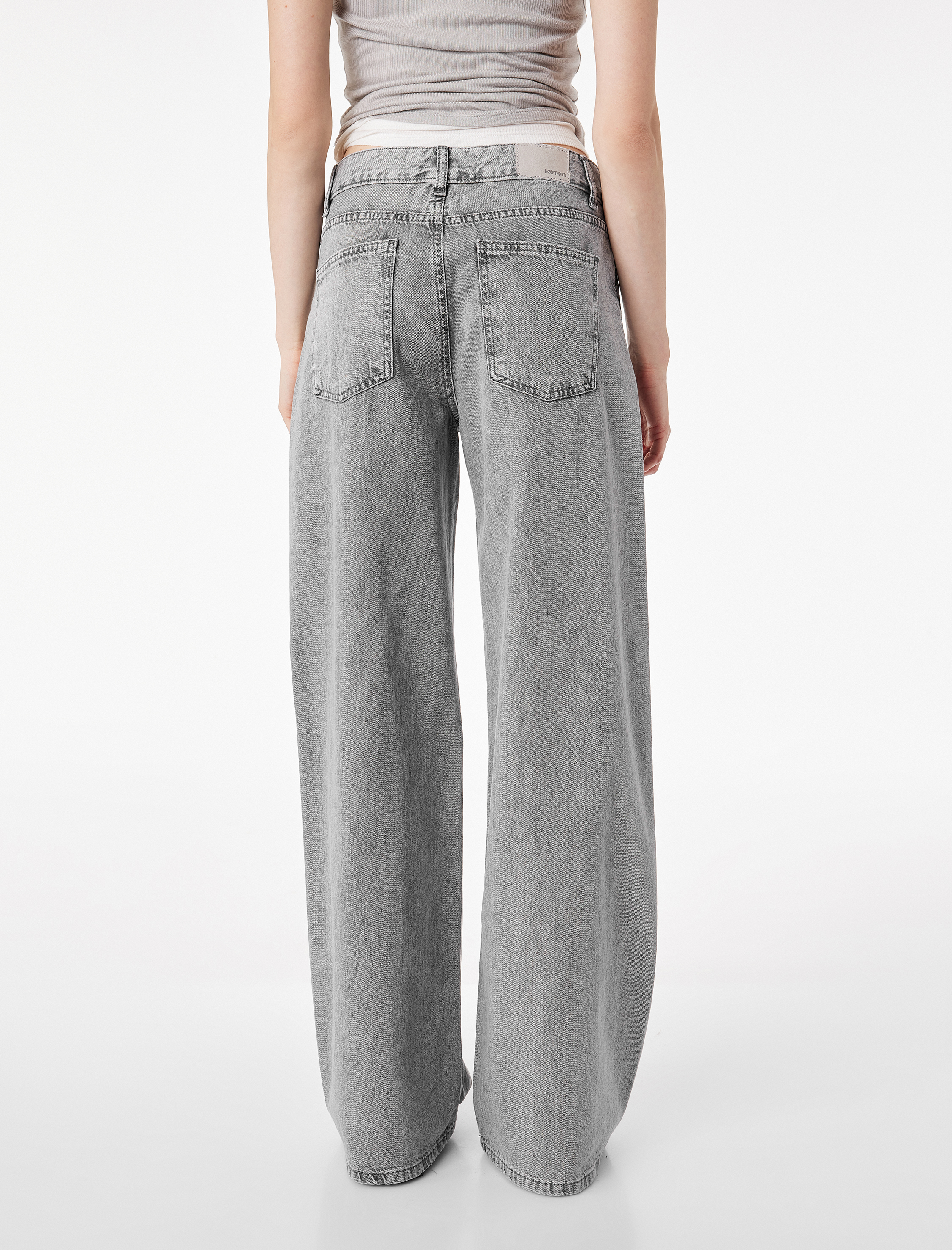   Bol Kalıp Geniş Paça Düğmeli Cepli Yıkamalı Denim Pantolon - Loose Straight Fit Jean