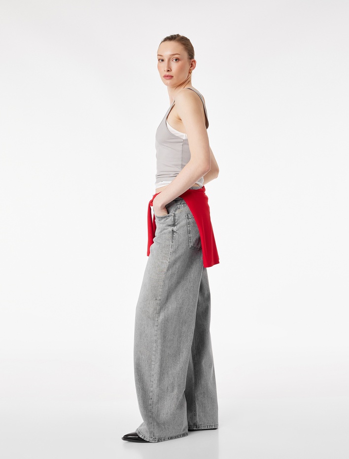  Bol Kalıp Geniş Paça Düğmeli Cepli Yıkamalı Denim Pantolon - Loose Straight Fit Jean