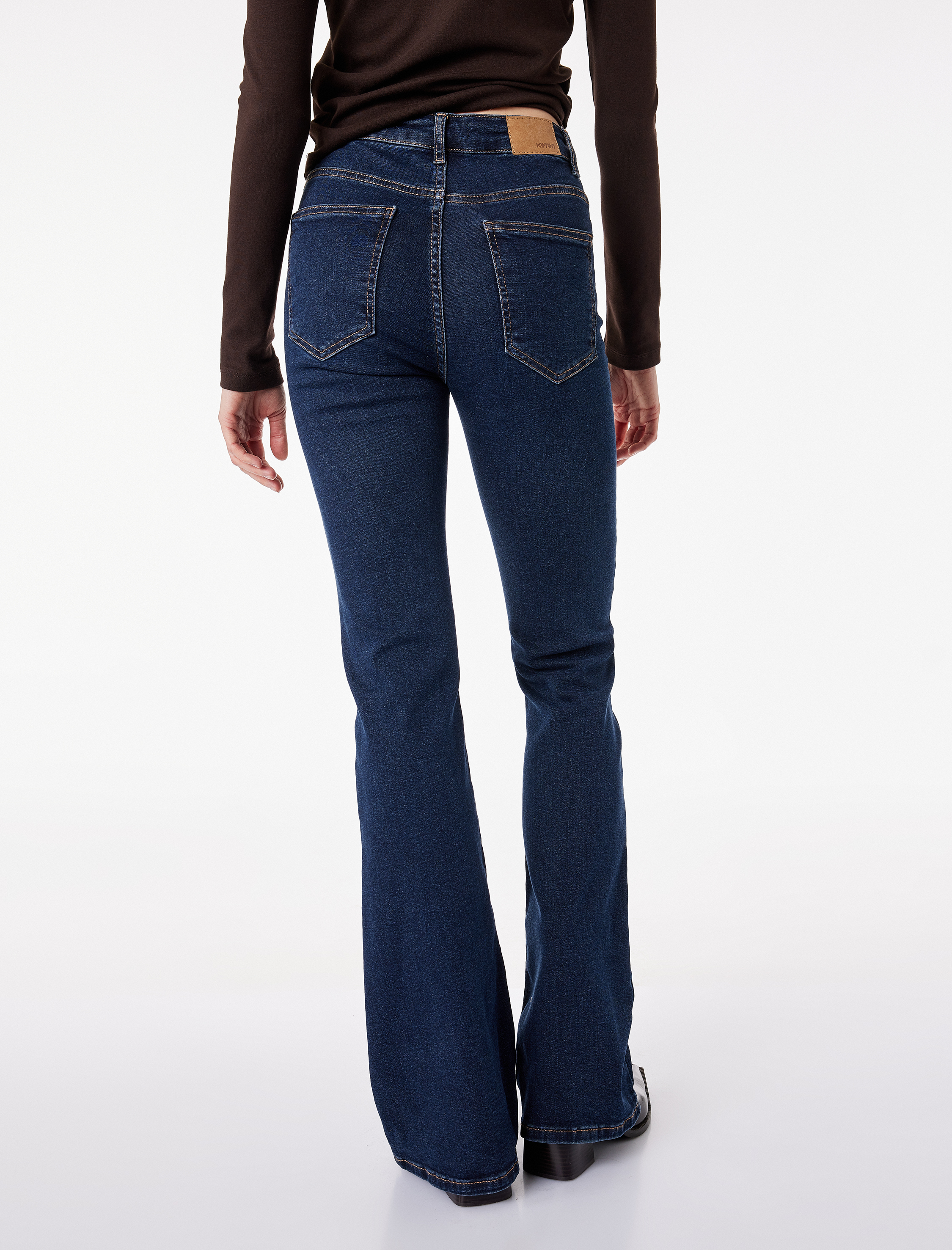   Dar Kalıp Yüksek Bel Düğmeli Cepli İspanyol Paça Denim Pantolon - Flare Jean