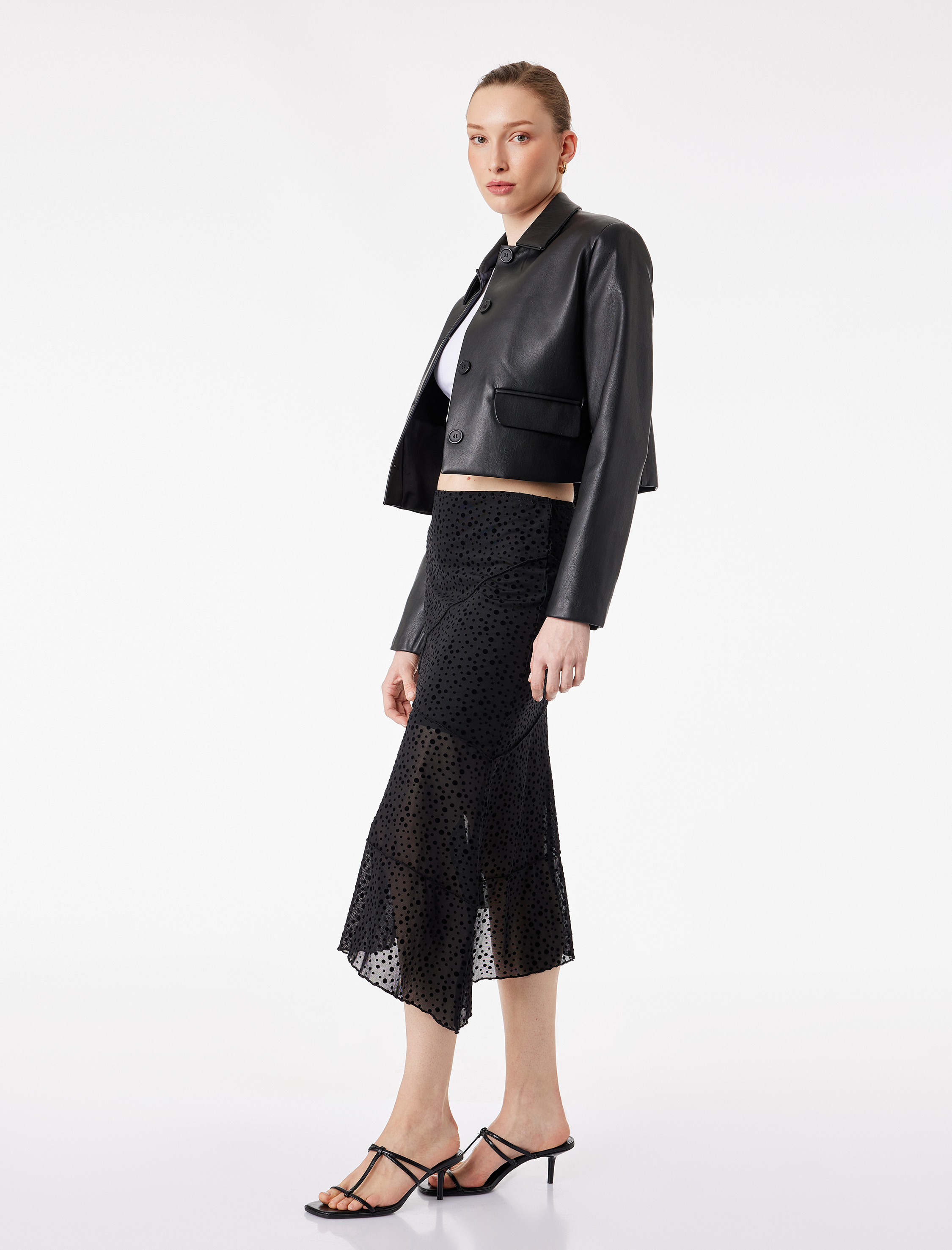   Slim Fit Asimetrik Kesim Puantiyeli Midi Etek