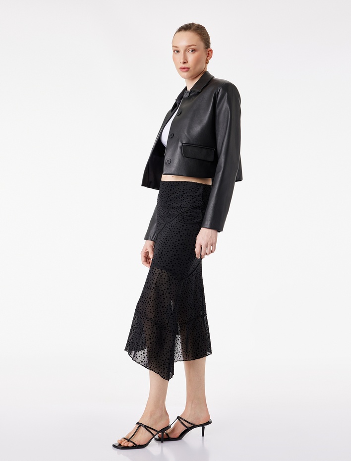  Slim Fit Asimetrik Kesim Puantiyeli Midi Etek